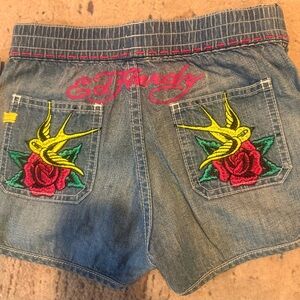 Ed Hardy Blue Jean Shorts with Colorful Embroidery